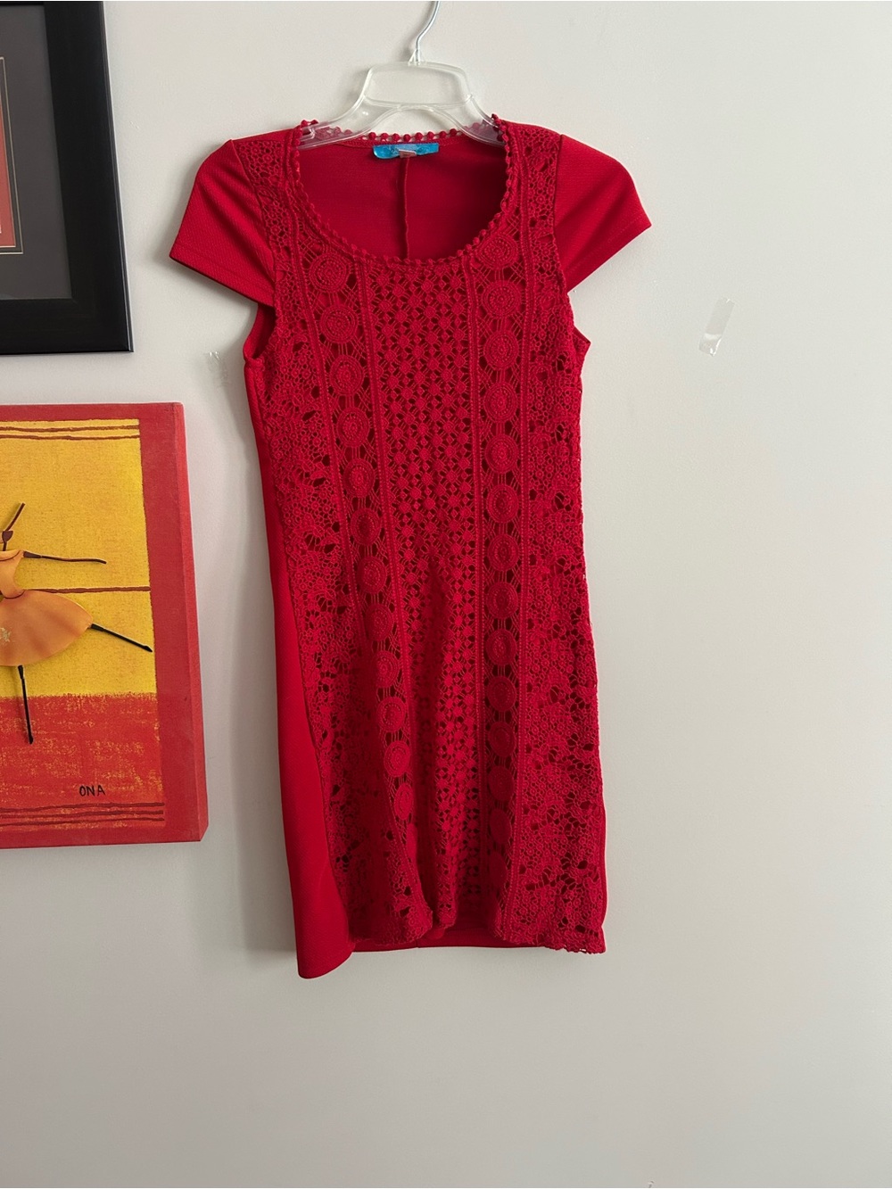 buttons Red Crochet-Front Cap-Sleeve Mini Dress